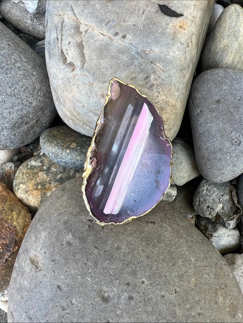 Purple and Pink Agate Adjustable Ring with Gold Edge